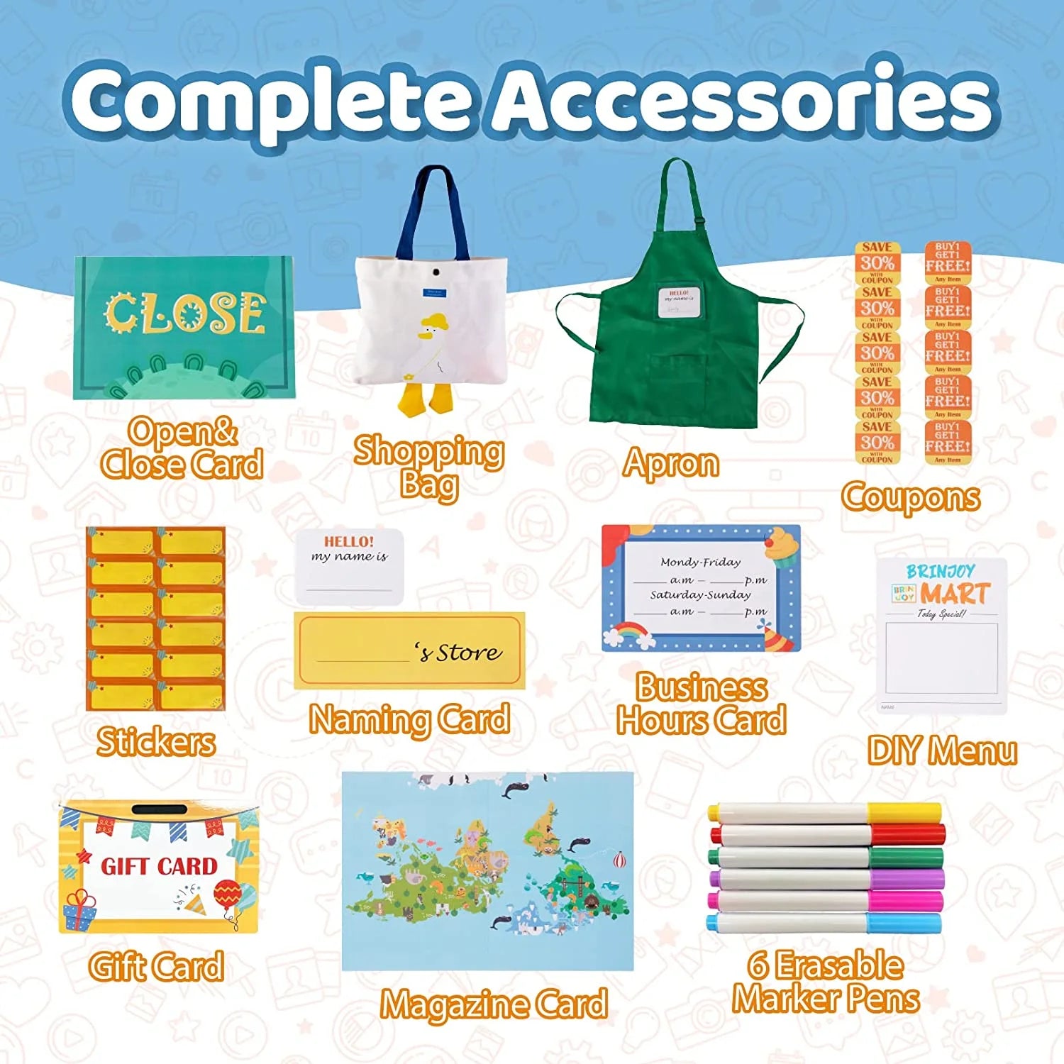 BRINJOY Grocery Store Pretend Play, Kids Play Store Wooden Market Stand with LED Lights&Acrylic Sheet, Supermarket Toy Includes Shopping Bag, Apron, Coupons, Cards for Children