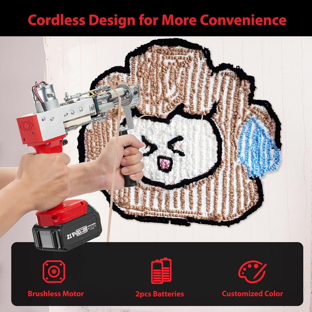 2023-Cordless-Rug-Tufting-Gun-Kit with Carpet Trimmer- Tufting-Gun-Starter-Kit-with 2pcs 4.0Ah Batteries，2 in 1 Cut Loop Pile Tufting Gun with Tufting Shears, Carpet Gun Cloth Yarn（Light Red）