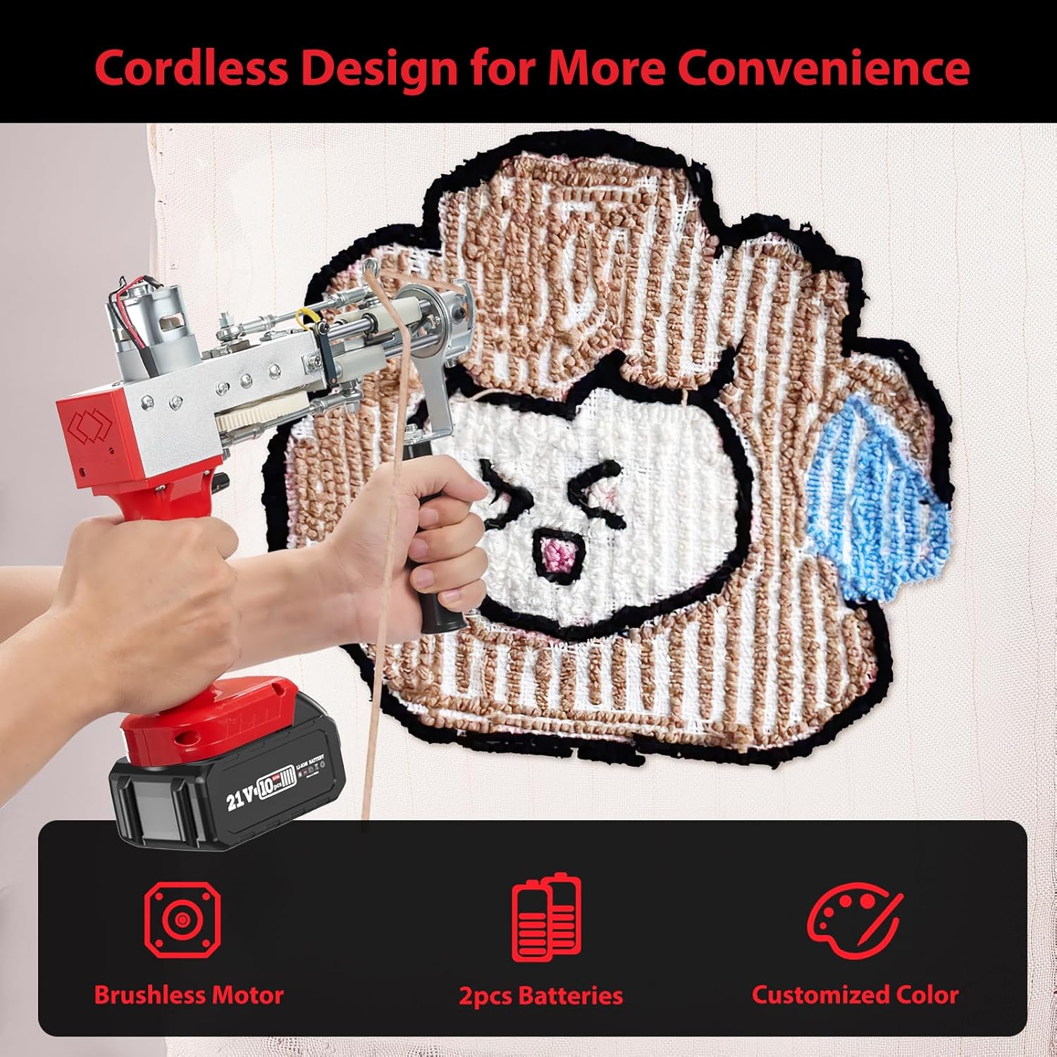 2023-Cordless-Rug-Tufting-Gun-Kit with Carpet Trimmer- Tufting-Gun-Starter-Kit-with 2pcs 4.0Ah Batteries，2 in 1 Cut Loop Pile Tufting Gun with Tufting Shears, Carpet Gun Cloth Yarn（Light Red）