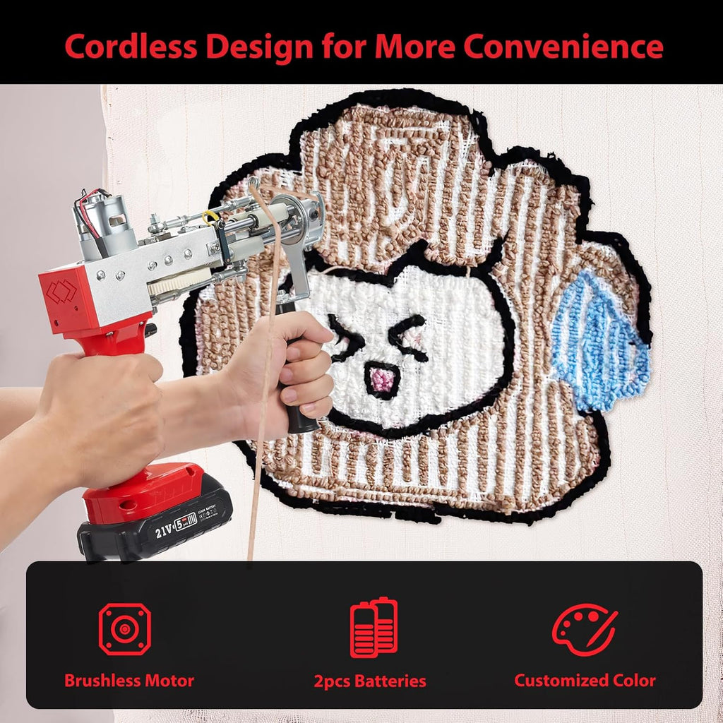 2023-Cordless-Rug-Tufting-Gun-Kit with Carpet Trimmer- Tufting-Gun-Starter-Kit-with 2pcs 4.0Ah Batteries，2 in 1 Cut Loop Pile Tufting Gun with Tufting Shears, Carpet Gun Cloth Yarn（Light Red）