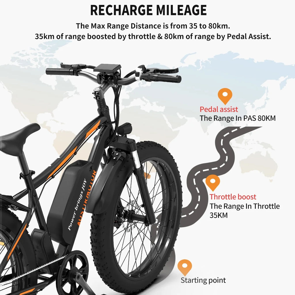 26 In.48V 13Ah 750W Mountain Electric Bikes for Adults Men, 26"x4.0 Fat Tire Electric Bicycle 7 speeds Gear Outdoor Ebikes, Black,S48