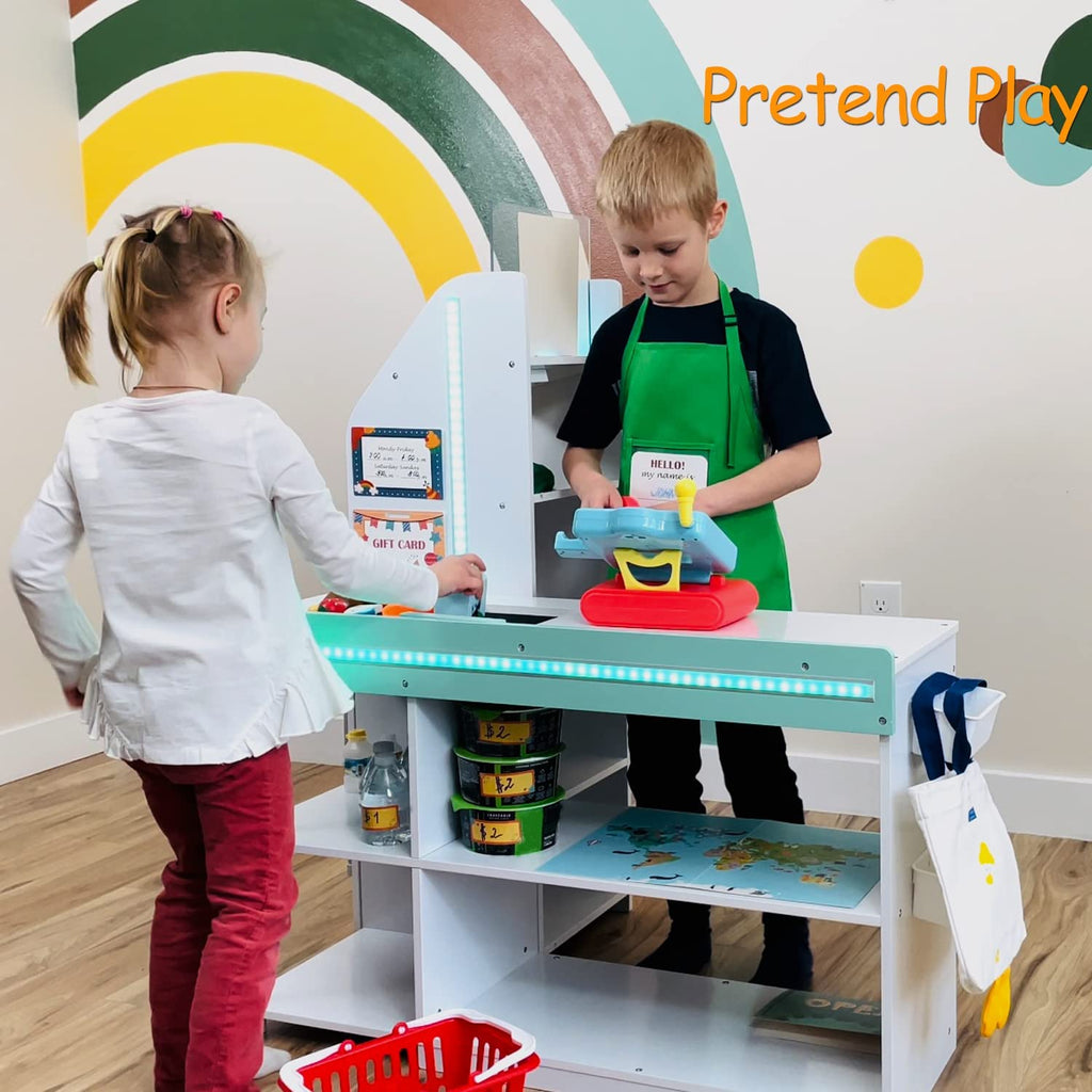 BRINJOY Grocery Store Pretend Play, Kids Play Store Wooden Market Stand with LED Lights&Acrylic Sheet, Supermarket Toy Includes Shopping Bag, Apron, Coupons, Cards for Children