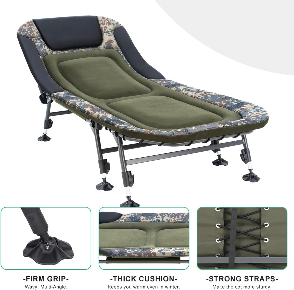 Camping Cots for Adults 330Lbs with Carry Bag, Heavy Duty Folding Bed with Soft Padded Cushion, Portable Military Cot for Hunting, 180° Adjustable Reclining Outdoor Lounger