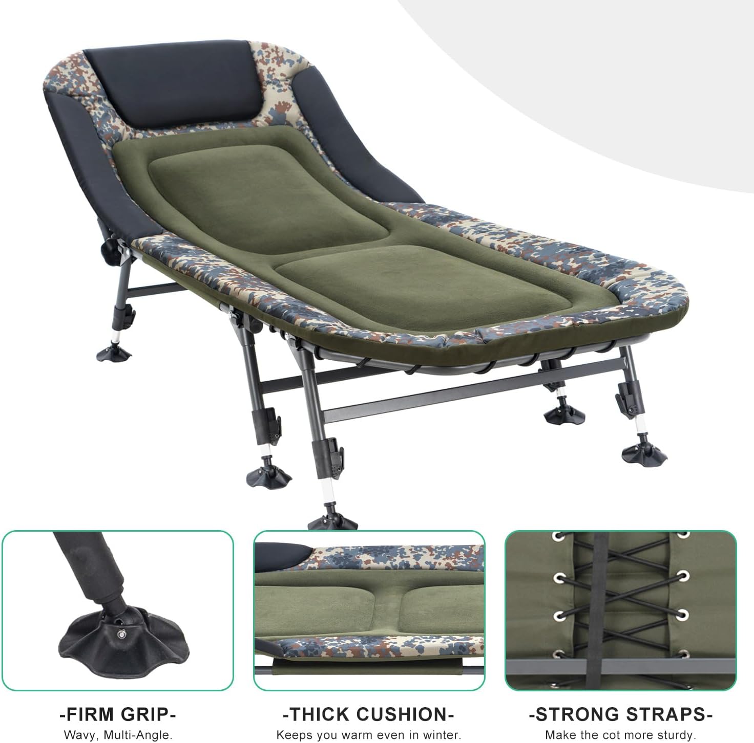 Camping Cots for Adults 330Lbs with Carry Bag, Heavy Duty Folding Bed with Soft Padded Cushion, Portable Military Cot for Hunting, 180° Adjustable Reclining Outdoor Lounger