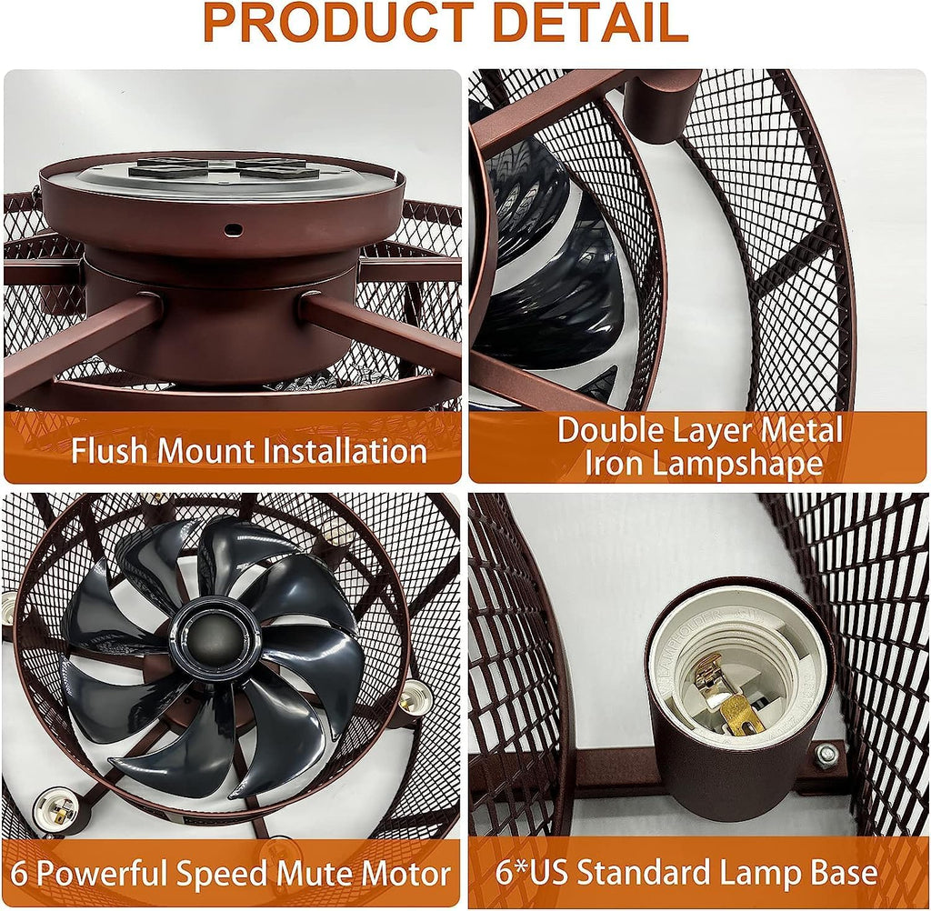 21 Inch Farmhouse Low Profile Ceiling Fan with Light Remote Control, Flush Mount Bladeless Ceiling Fan Lighting Fixture for Bedroom Living Room Kitchen Brown