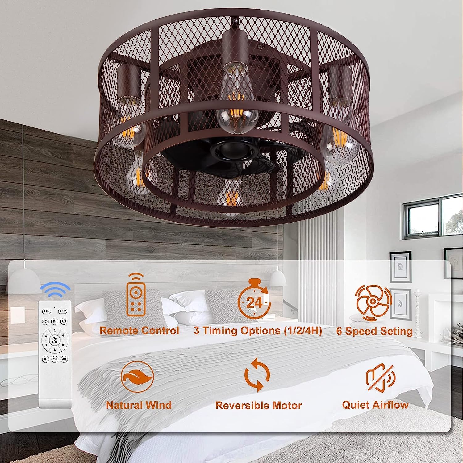 21 Inch Farmhouse Low Profile Ceiling Fan with Light Remote Control, Flush Mount Bladeless Ceiling Fan Lighting Fixture for Bedroom Living Room Kitchen Brown