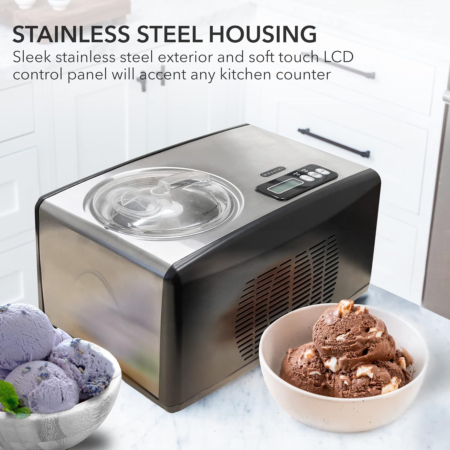 Automatic Ice Cream Maker 1.6 Quart Capacity Stainless Steel, with Built-in Compressor, no pre-Freezing, LCD Digital Display, Timer, One Size, Black