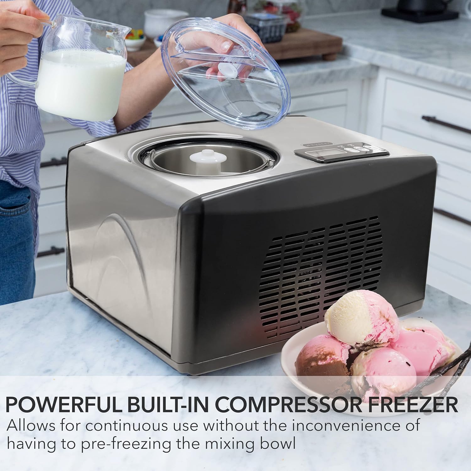 Automatic Ice Cream Maker 1.6 Quart Capacity Stainless Steel, with Built-in Compressor, no pre-Freezing, LCD Digital Display, Timer, One Size, Black