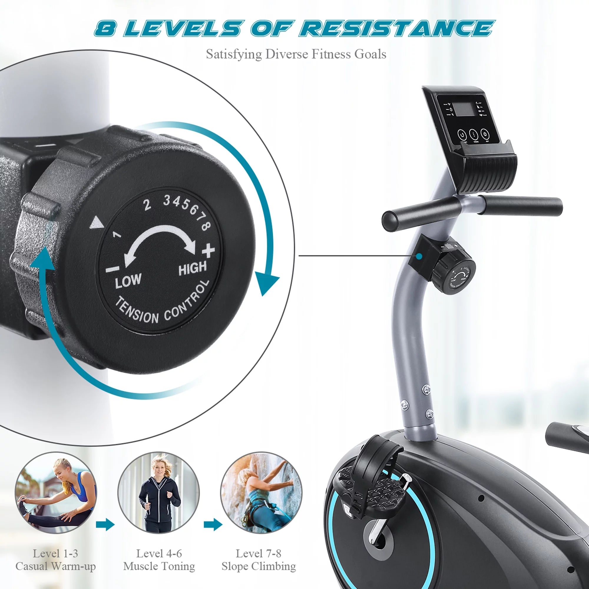 2025 MARNUR Recumbent Exercise Bike with 8 Levels Adjustable Resistance, LCD Monitor, Pad Holder, Wheels