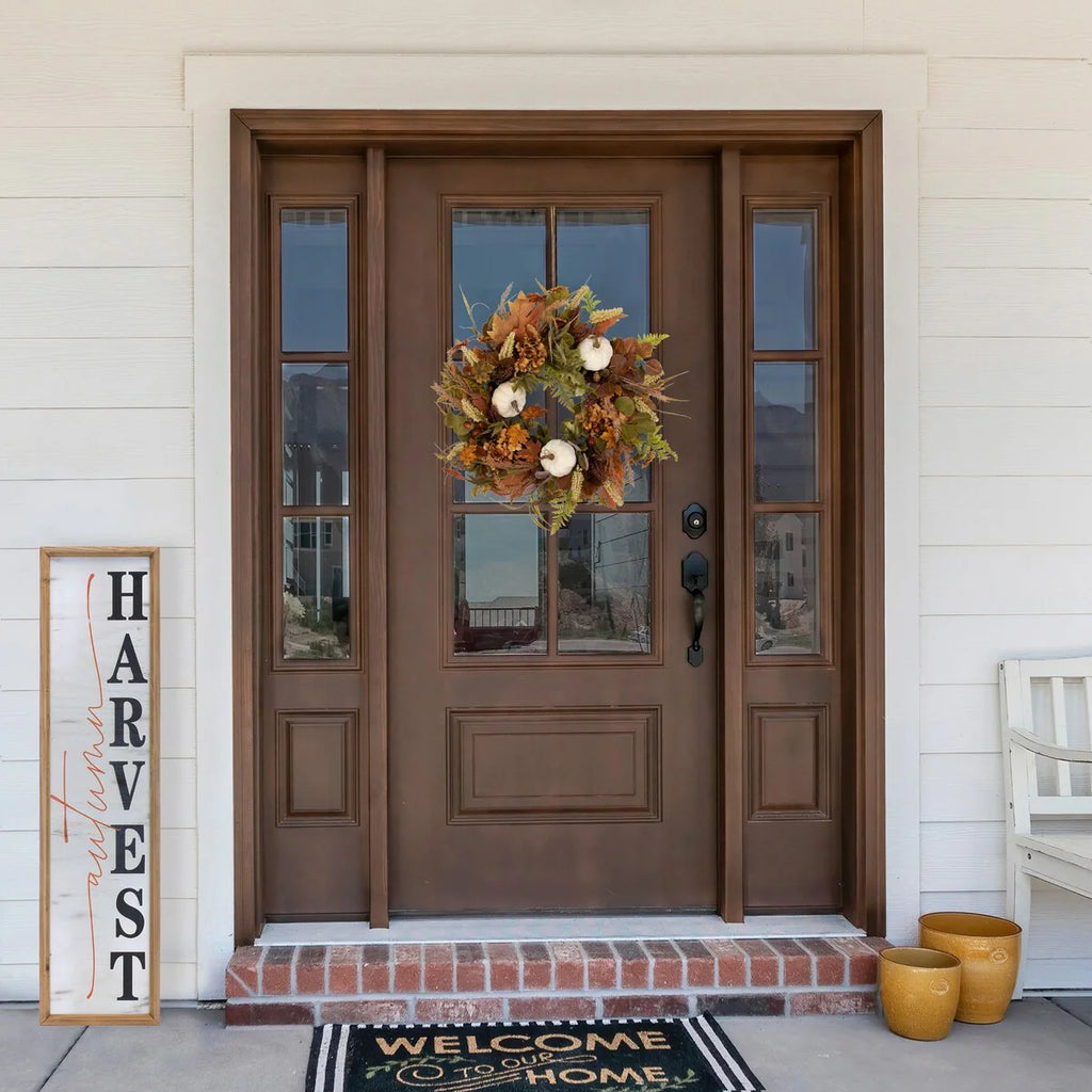 Pumpkins and Leaves Artificial Fall Harvest Wreath - 26" - Unlit