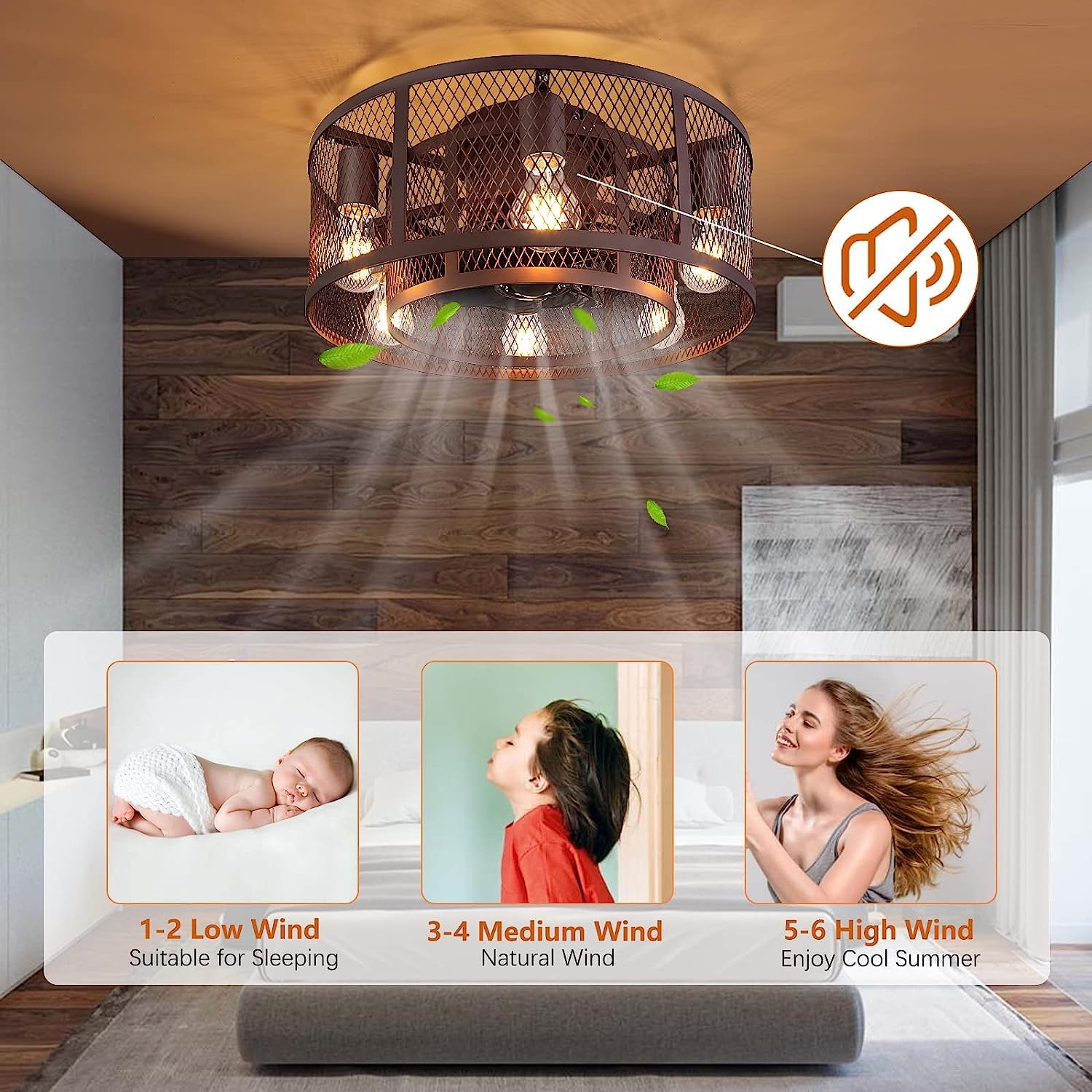 21 Inch Farmhouse Low Profile Ceiling Fan with Light Remote Control, Flush Mount Bladeless Ceiling Fan Lighting Fixture for Bedroom Living Room Kitchen Brown