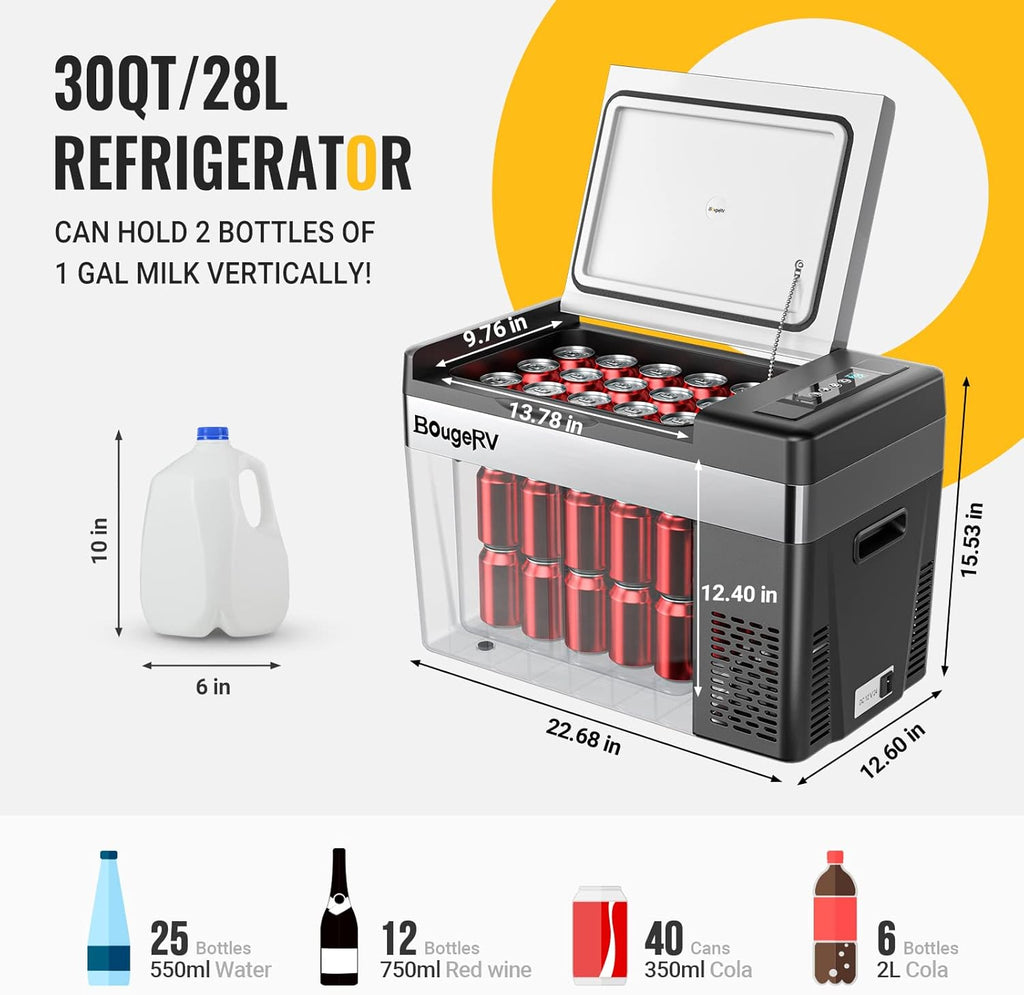 12 Volt Refrigerator 12V Car Fridge 30 Quart Portable Freezer Compressor Cooler -7℉~50℉ Compressor Freezer, 12/24V DC 110~240 Volt AC, for Truck RV SU