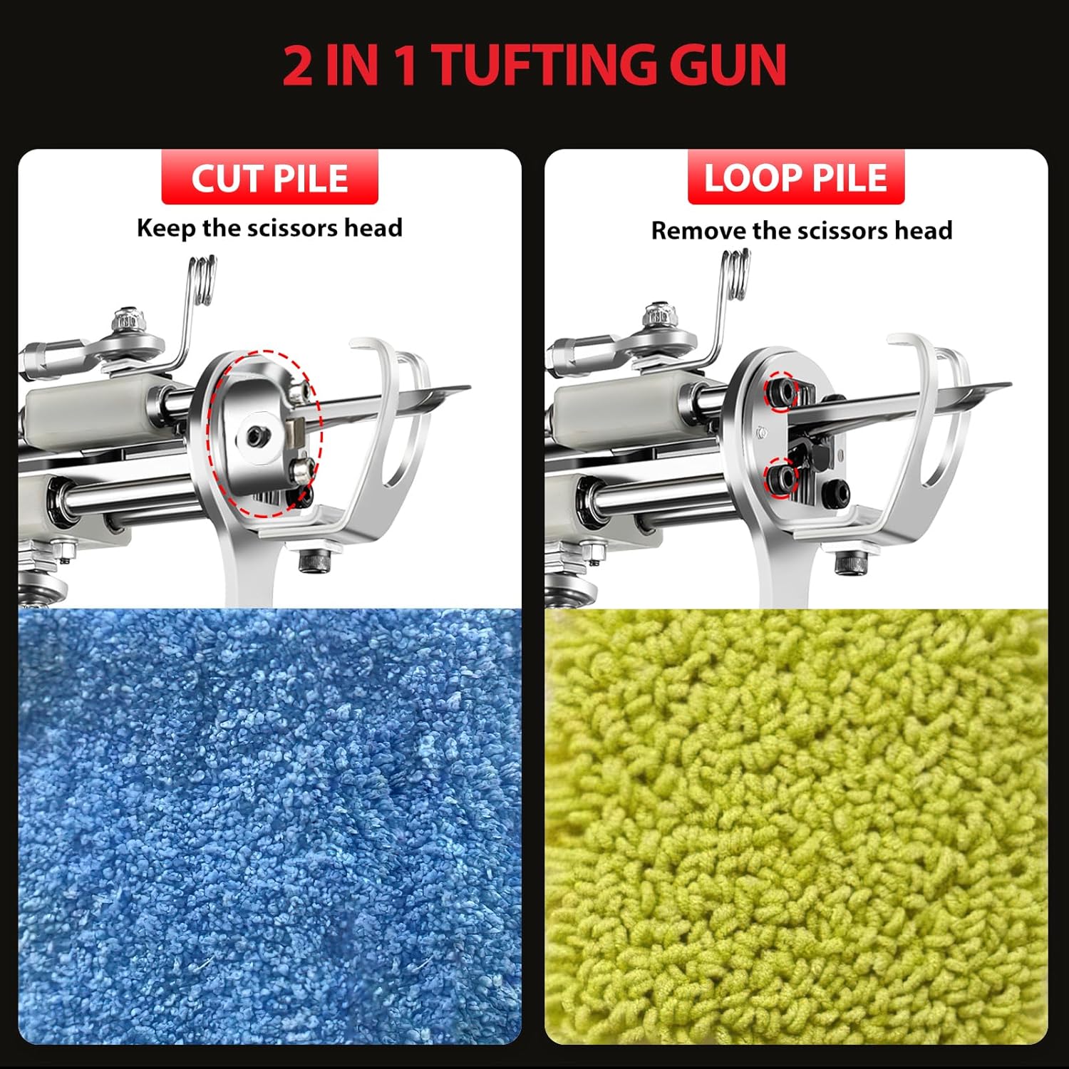 2023-Cordless-Rug-Tufting-Gun-Kit with Carpet Trimmer- Tufting-Gun-Starter-Kit-with 2pcs 4.0Ah Batteries，2 in 1 Cut Loop Pile Tufting Gun with Tufting Shears, Carpet Gun Cloth Yarn（Light Red）