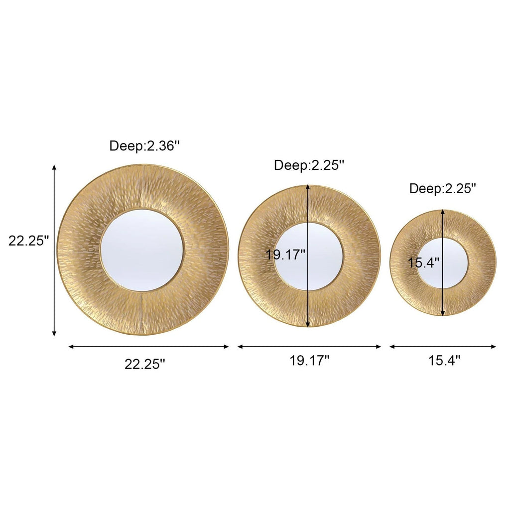 3-Piece Gold Metal Round Wall Mirror Set - 22.25" Diameter x 2.36" D
