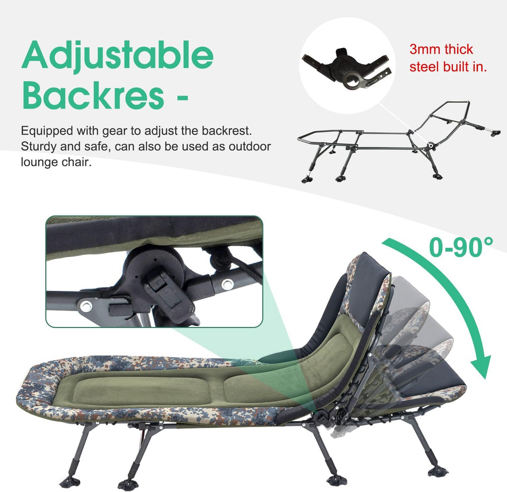 Camping Cots for Adults 330Lbs with Carry Bag, Heavy Duty Folding Bed with Soft Padded Cushion, Portable Military Cot for Hunting, 180° Adjustable Reclining Outdoor Lounger