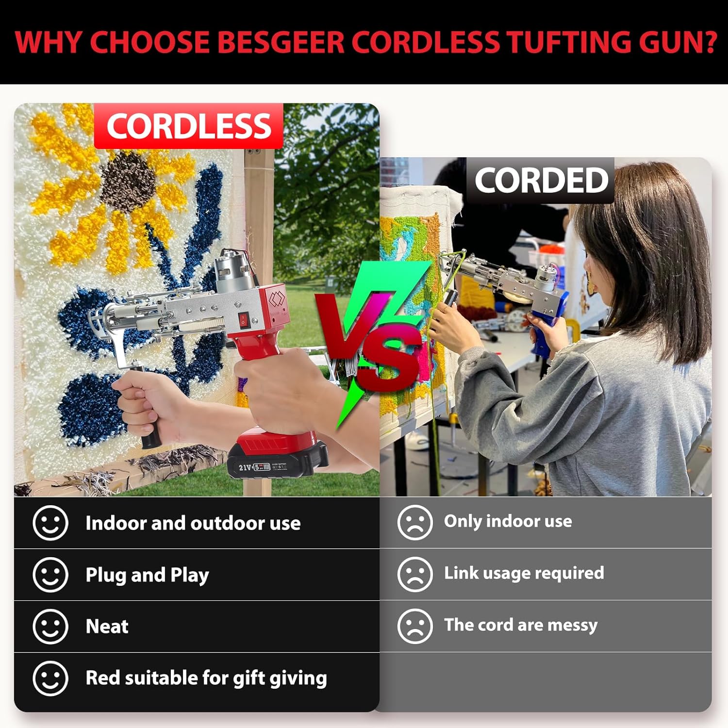 2023-Cordless-Rug-Tufting-Gun-Kit with Carpet Trimmer- Tufting-Gun-Starter-Kit-with 2pcs 4.0Ah Batteries，2 in 1 Cut Loop Pile Tufting Gun with Tufting Shears, Carpet Gun Cloth Yarn（Light Red）