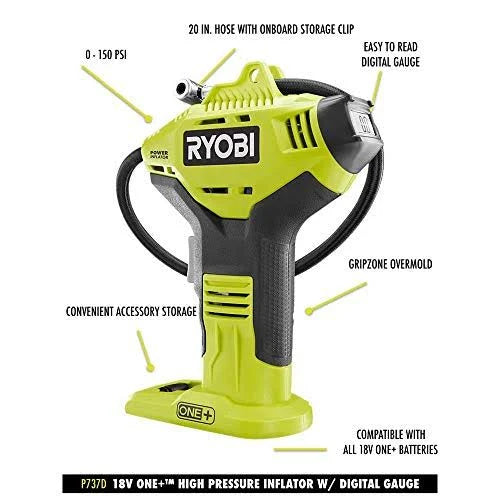 2025 Ryobi P737D 18-Volt One+ Cordless High Pressure Inflator with Digital Gauge, 4.0 Ah 18-Volt One+ High Capacity Lithium-Ion Battery, Charger, and Bag
