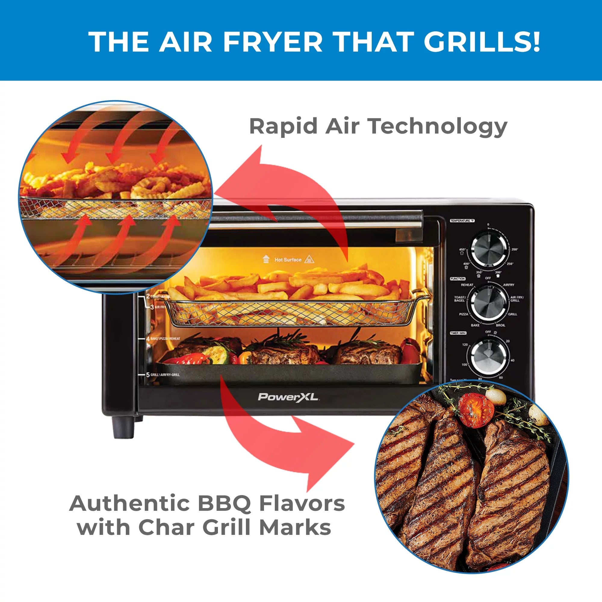 2025 PowerXL 7-in-1 Air Fryer Grill Plus – Indoor Grill & Hot Air Fryer with Rapid Air Technology