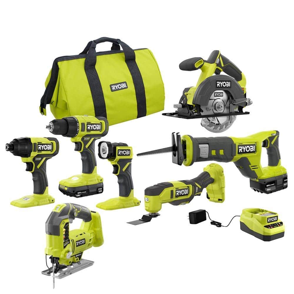2025 RYOBI ONE+ 18V Cordless 6-Tool Combo Kit with 1.5 Ah Battery, 4.0 Ah Battery, Charger with Jig Saw PCL1600K2-P5231 28324924