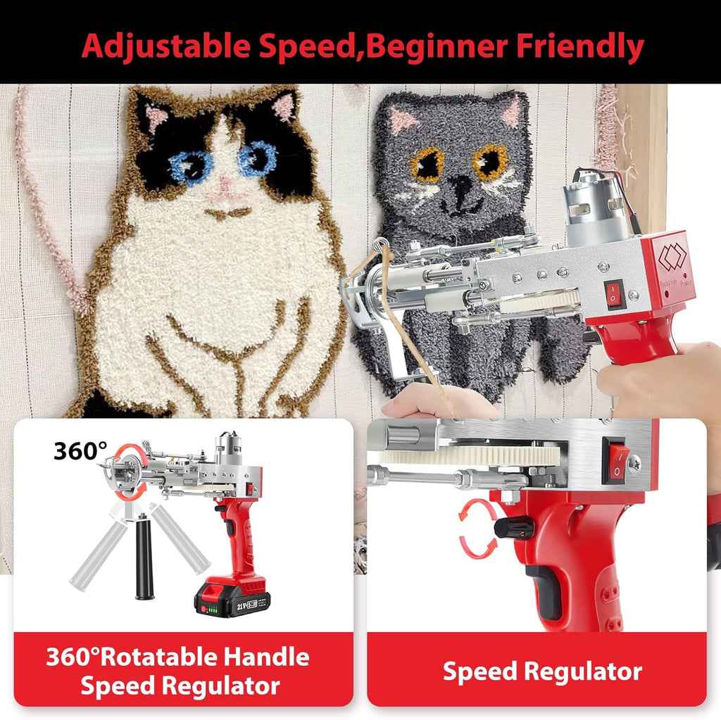 2023-Cordless-Rug-Tufting-Gun-Kit with Carpet Trimmer- Tufting-Gun-Starter-Kit-with 2pcs 4.0Ah Batteries，2 in 1 Cut Loop Pile Tufting Gun with Tufting Shears, Carpet Gun Cloth Yarn（Light Red）