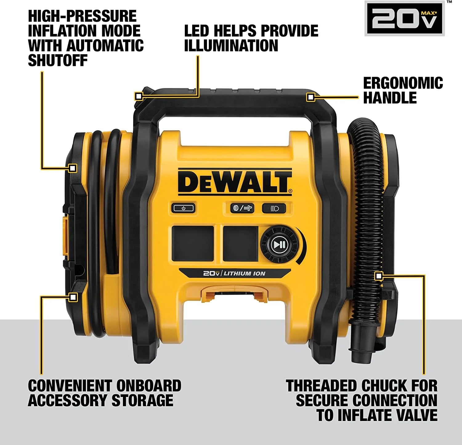 2025 ITEM# 0177   DEWALT 20V MAX Tire Inflator, Compact and Portable, Automatic Shut Off, LED Light, Bare Tool Only (DCC020IB) Battery & Charger Not Included (Watch Video)