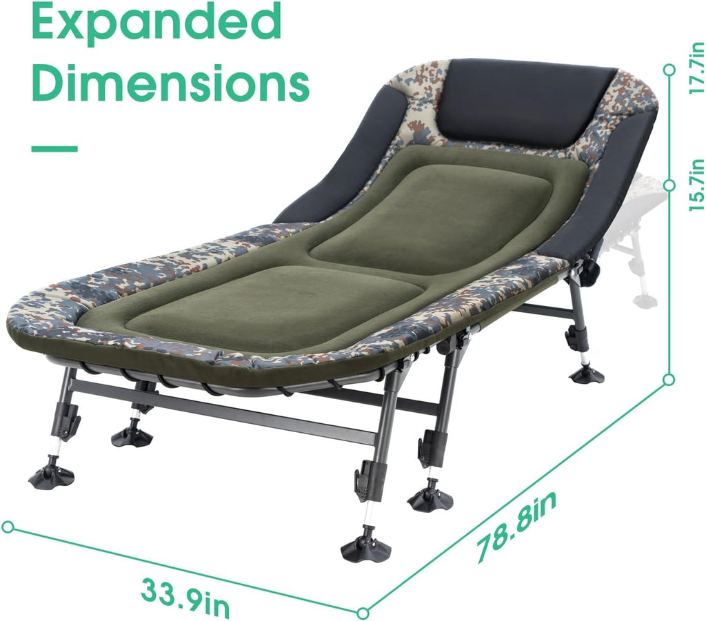 Camping Cots for Adults 330Lbs with Carry Bag, Heavy Duty Folding Bed with Soft Padded Cushion, Portable Military Cot for Hunting, 180° Adjustable Reclining Outdoor Lounger