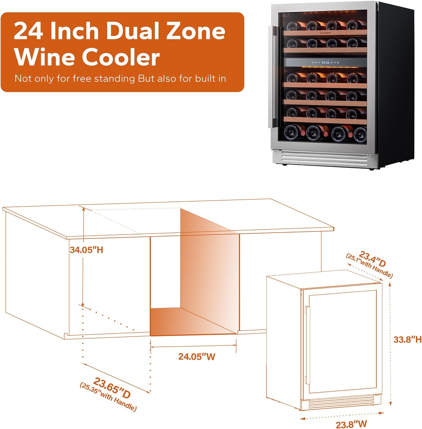 24'' Wine Cooler Refrigerator - 46 Bottle Wine Fridge Dual Zone with Modern Touch Intelligent Digital 40°-65°F Low Noise, Built in or Freestanding Wine Cooler for Home and Kitchen