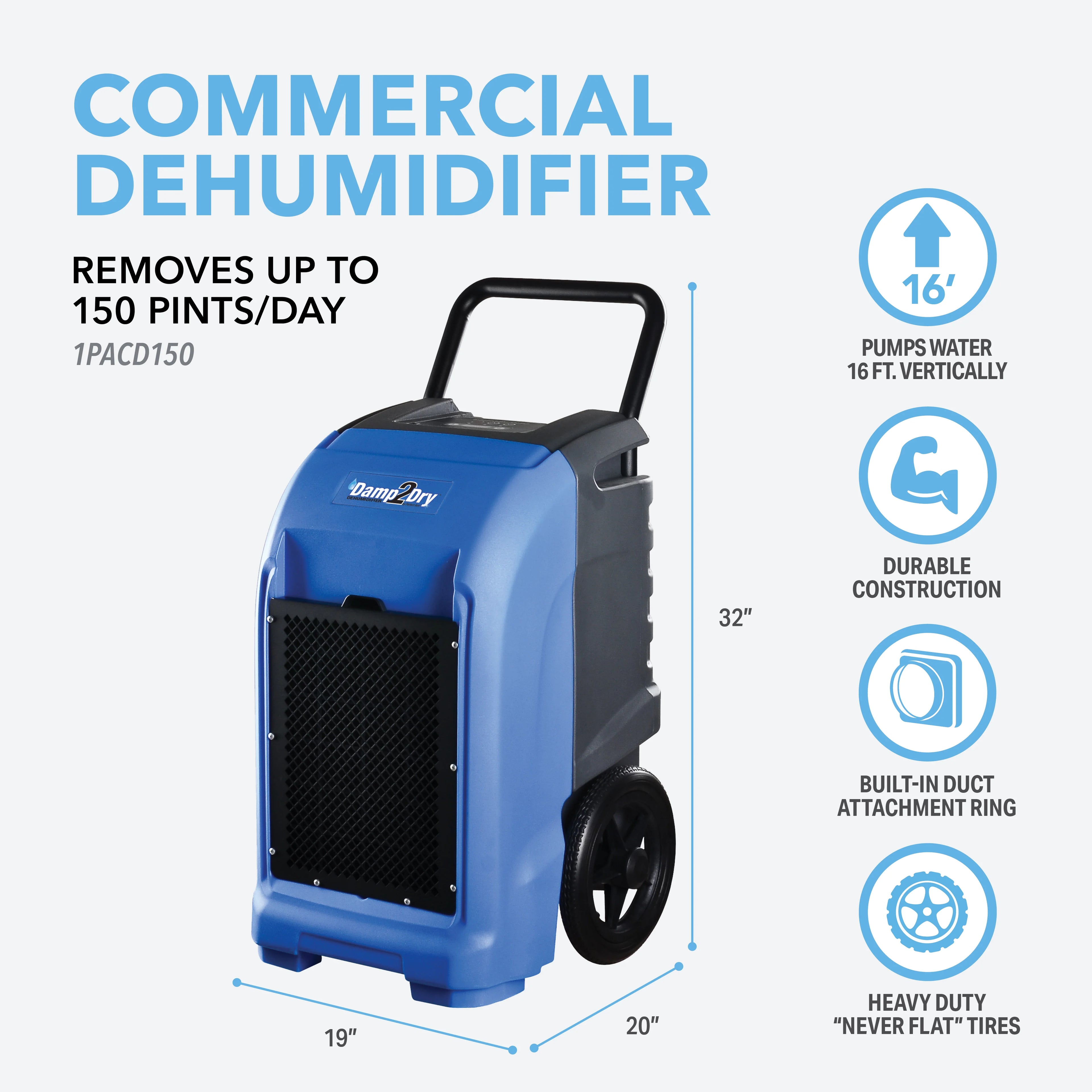 2025 150 Pint Commercial Dehumidifier with Drain Hose for Basements, Garages, Warehouses, and Job Sites