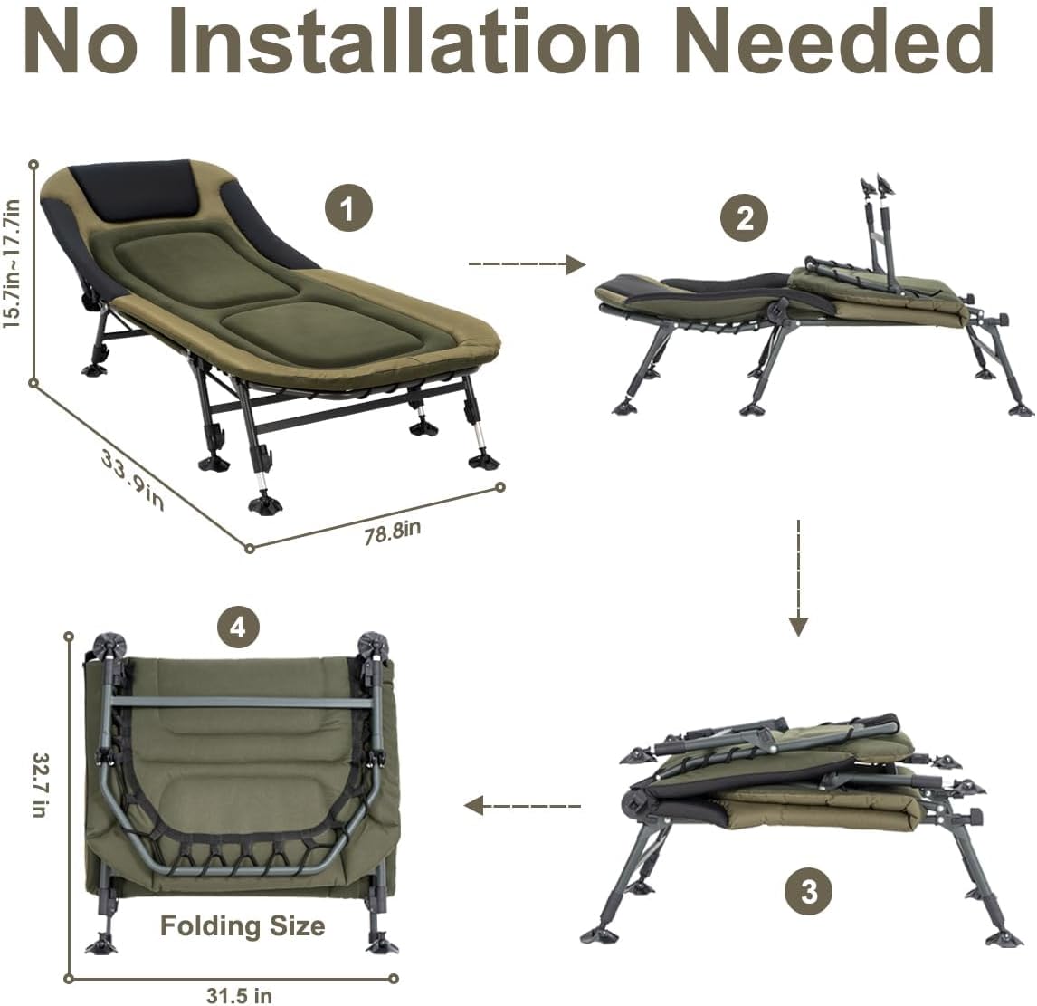 Camping Cots for Adults 330Lbs with Carry Bag, Heavy Duty Folding Bed with Soft Padded Cushion, Portable Military Cot for Hunting, 180° Adjustable Reclining Outdoor Lounger