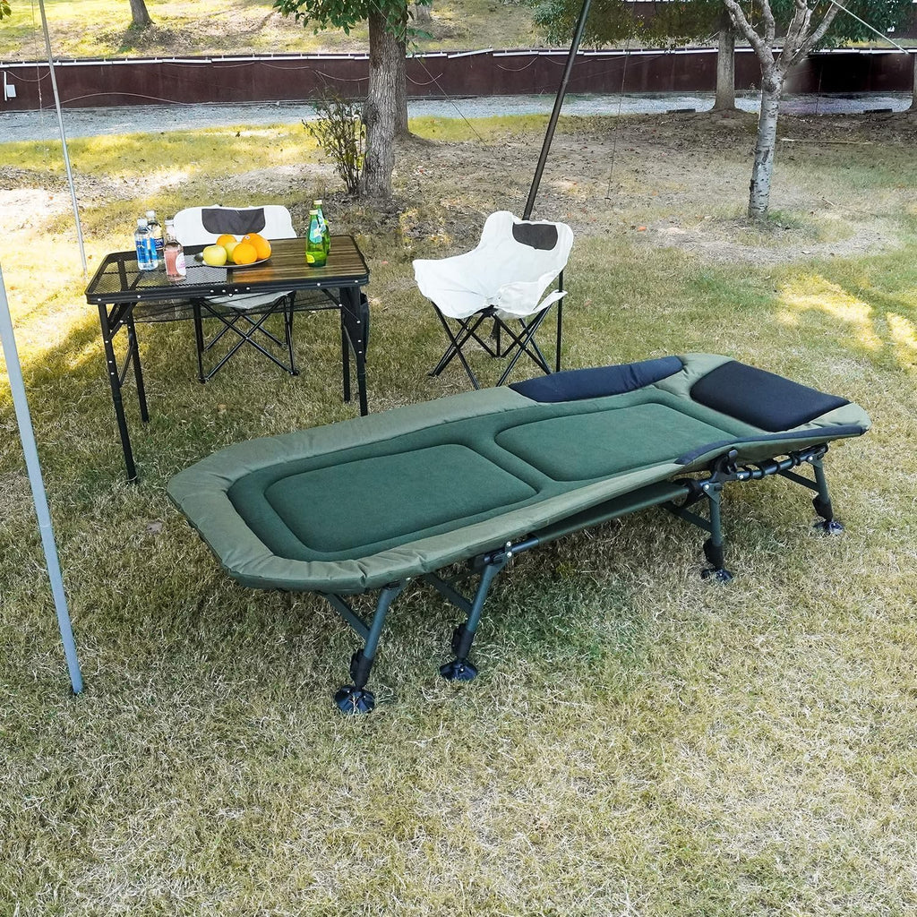 Camping Cots for Adults 330Lbs with Carry Bag, Heavy Duty Folding Bed with Soft Padded Cushion, Portable Military Cot for Hunting, 180° Adjustable Reclining Outdoor Lounger
