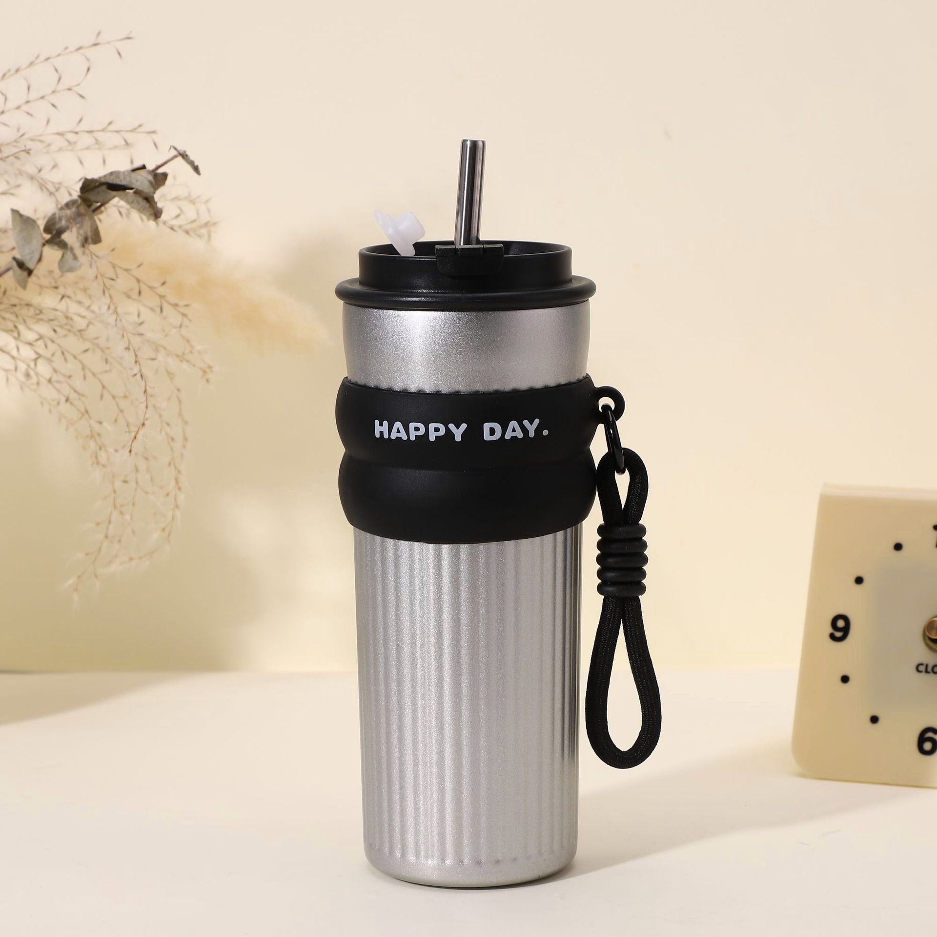 Trinkflasche mit Strohhalm – Silber