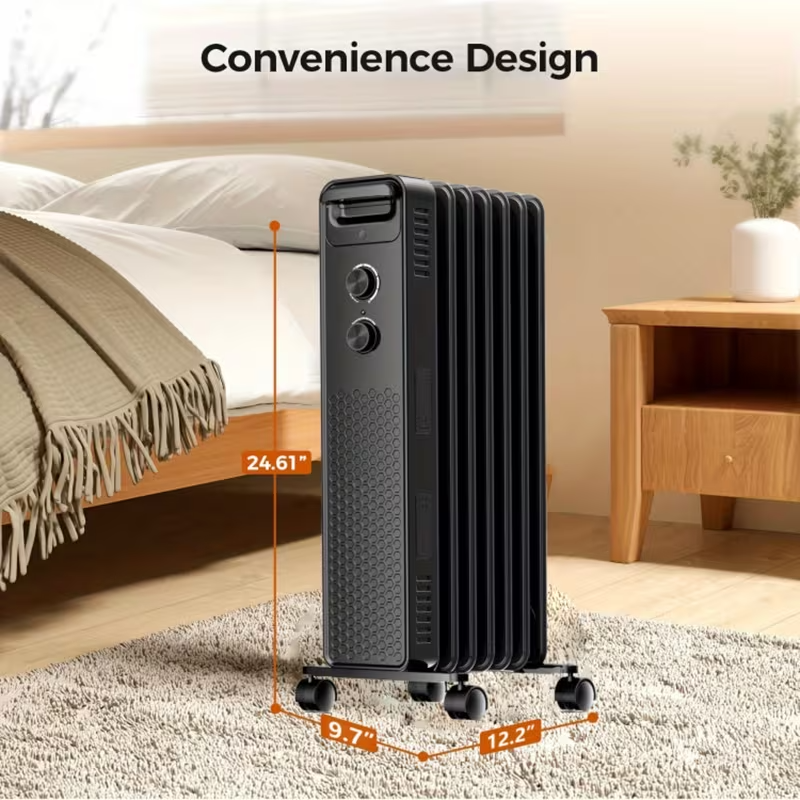 Portable Electric Oil-Filled Radiator Heater – 1500W/900W/600W with 3 Heat Settings, Adjustable Thermostat, Overheat & Tip-Over Protection, Quiet Indoor Space Heater for Home and Office