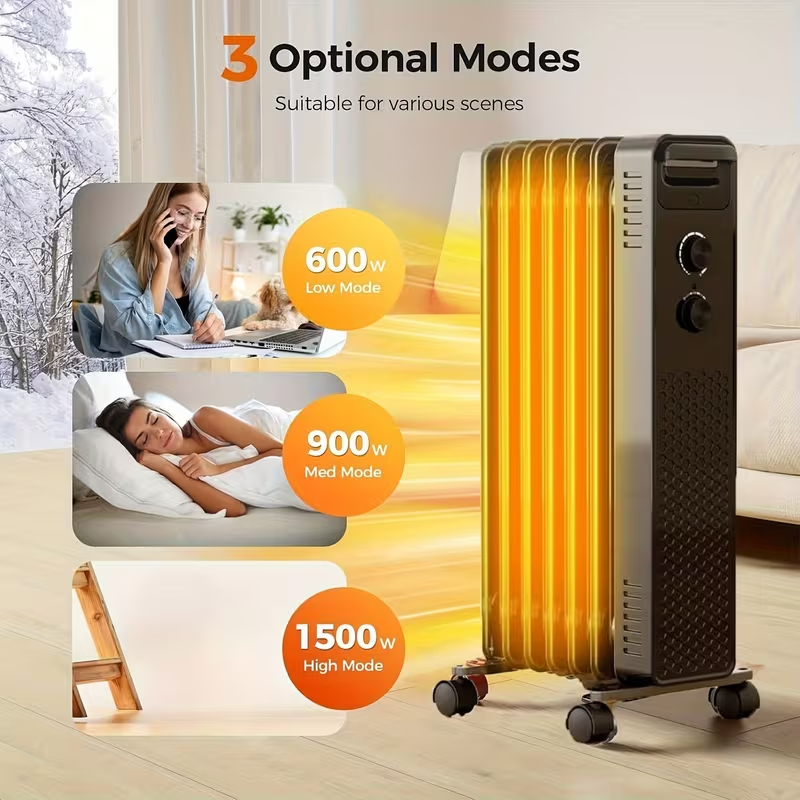 Portable Electric Oil-Filled Radiator Heater – 1500W/900W/600W with 3 Heat Settings, Adjustable Thermostat, Overheat & Tip-Over Protection, Quiet Indoor Space Heater for Home and Office