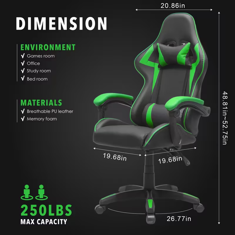 Ergonomic Gaming Chair – 155° Reclining Office Chair with Lumbar Support, Headrest, Fixed Armrests, Manual Recline Handle, Comfortable Cushioned Seat – White/Red/Black Gaming & Home Office Chair